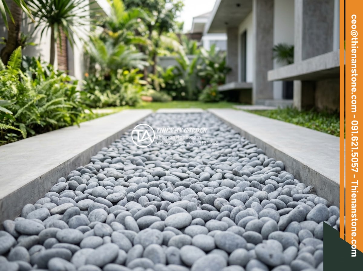 So sánh sỏi cuội suối và sỏi quay nhân tạo: Nên chọn loại nào cho sân vườn? - Hình 7 So sánh sỏi cuội suối và sỏi quay nhân tạo: Nên chọn loại nào cho sân vườn? - Uniform artificial tumbled pebbles in consistent gray tones arranged neatly in a