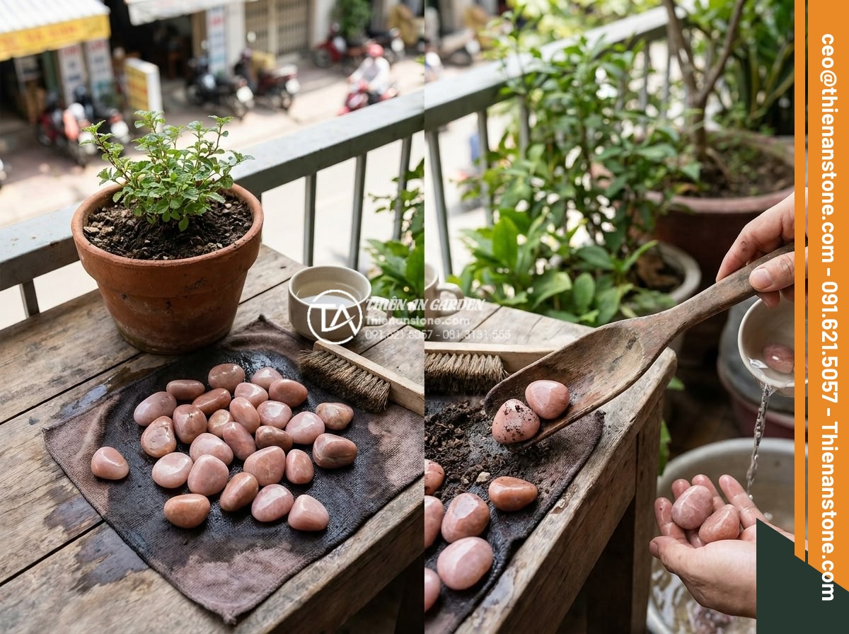 Sỏi cuội trang trí: Bí quyết phối hợp sỏi đá cuội cho chậu cây nội thất - Maintenance tips illustration for pebble stones in potted plants including clean