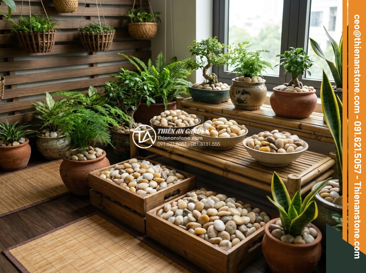 Sỏi cuội trang trí: Bí quyết phối hợp sỏi đá cuội cho chậu cây nội thất - Professional display of high quality river pebbles from Thien An Stone supplier 