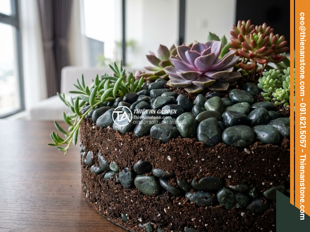 Sỏi cuội trang trí: Bí quyết phối hợp sỏi đá cuội cho chậu cây nội thất - Detailed view of decorative pebble stones mixed in layers with soil in an indoor