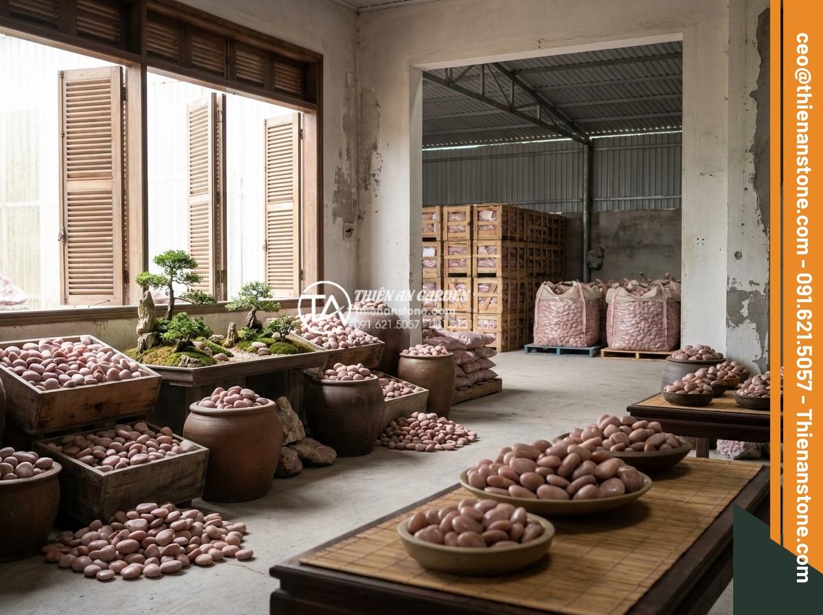 Sỏi cuội trang trí: Bí quyết phối hợp sỏi đá cuội cho chậu cây nội thất - Showroom and warehouse view of Thien An Stone company displaying various pebble 