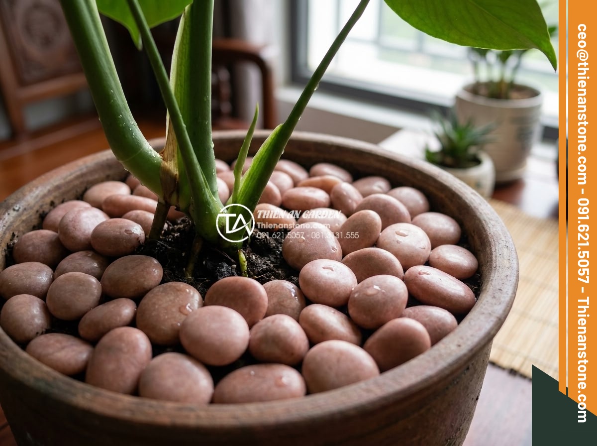 Sỏi cuội trang trí: Bí quyết phối hợp sỏi đá cuội cho chậu cây nội thất - Functional view of pebble stones preventing soil erosion and retaining moisture 