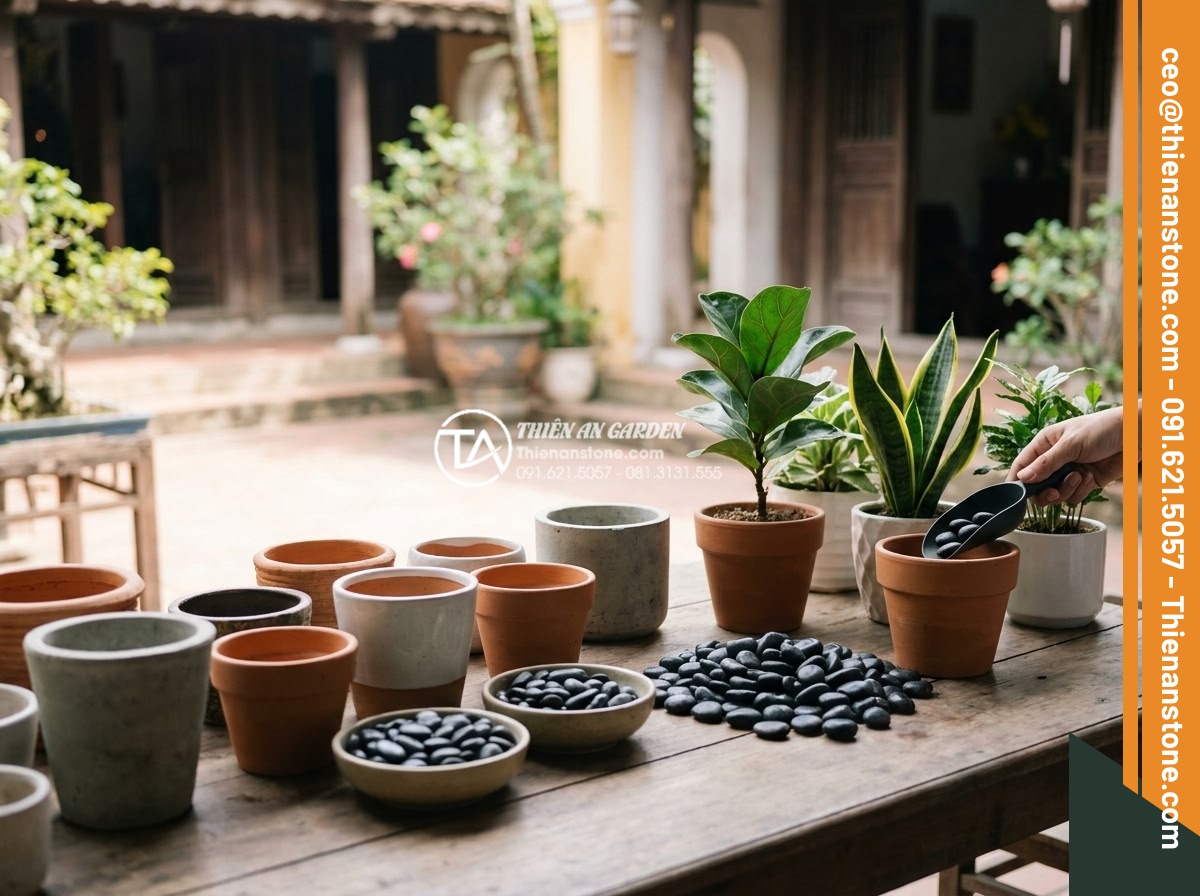 Sỏi cuội trang trí: Bí quyết phối hợp sỏi đá cuội cho chậu cây nội thất - Selection process of appropriate pebble sizes and colors matching different indo