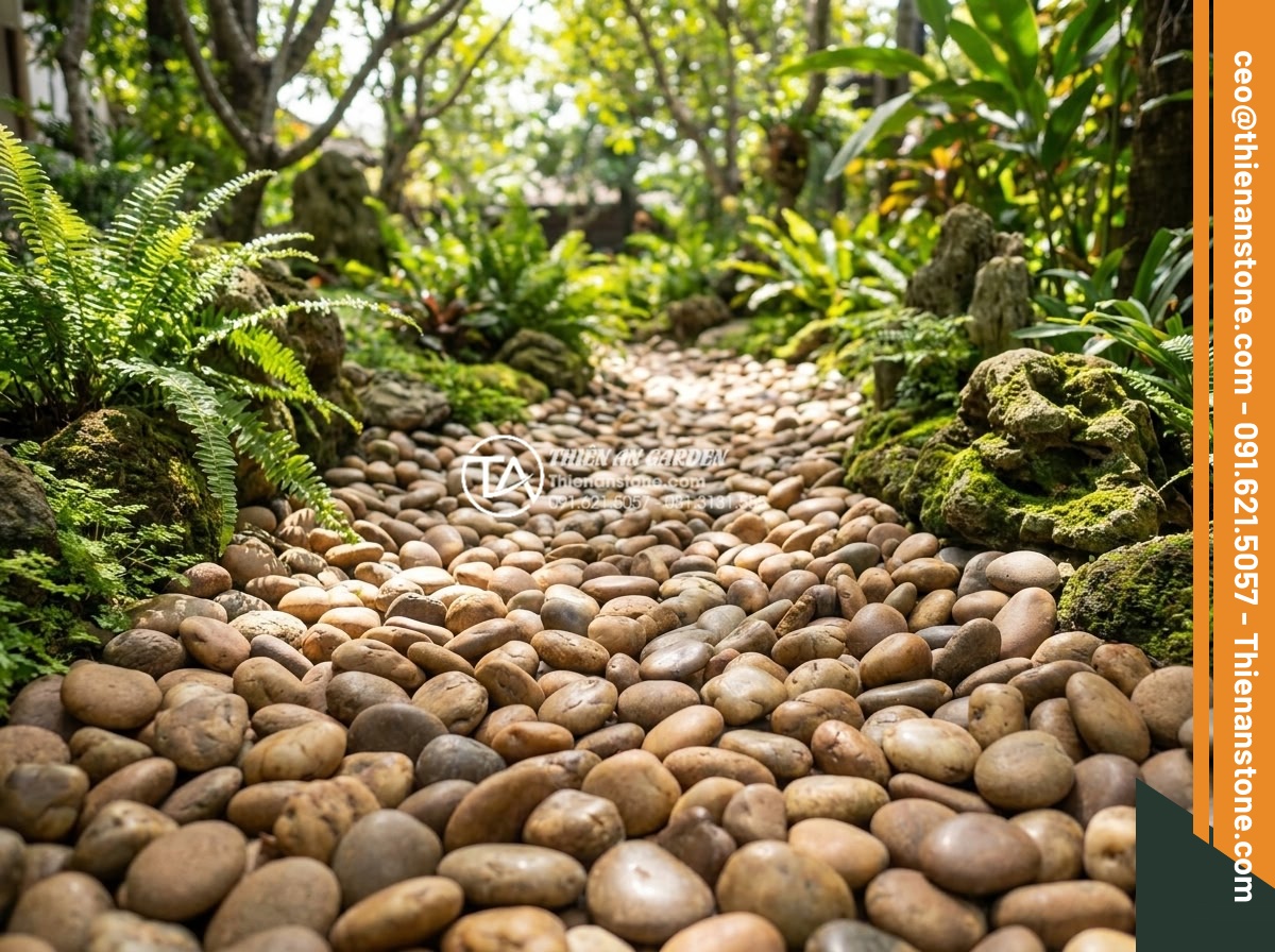 Suối đá cuội nhân tạo: Kỹ thuật thi công dòng suối khô trong sân vườn - Close-up view of a winding artificial pebble stone dry stream in a lush Vietname