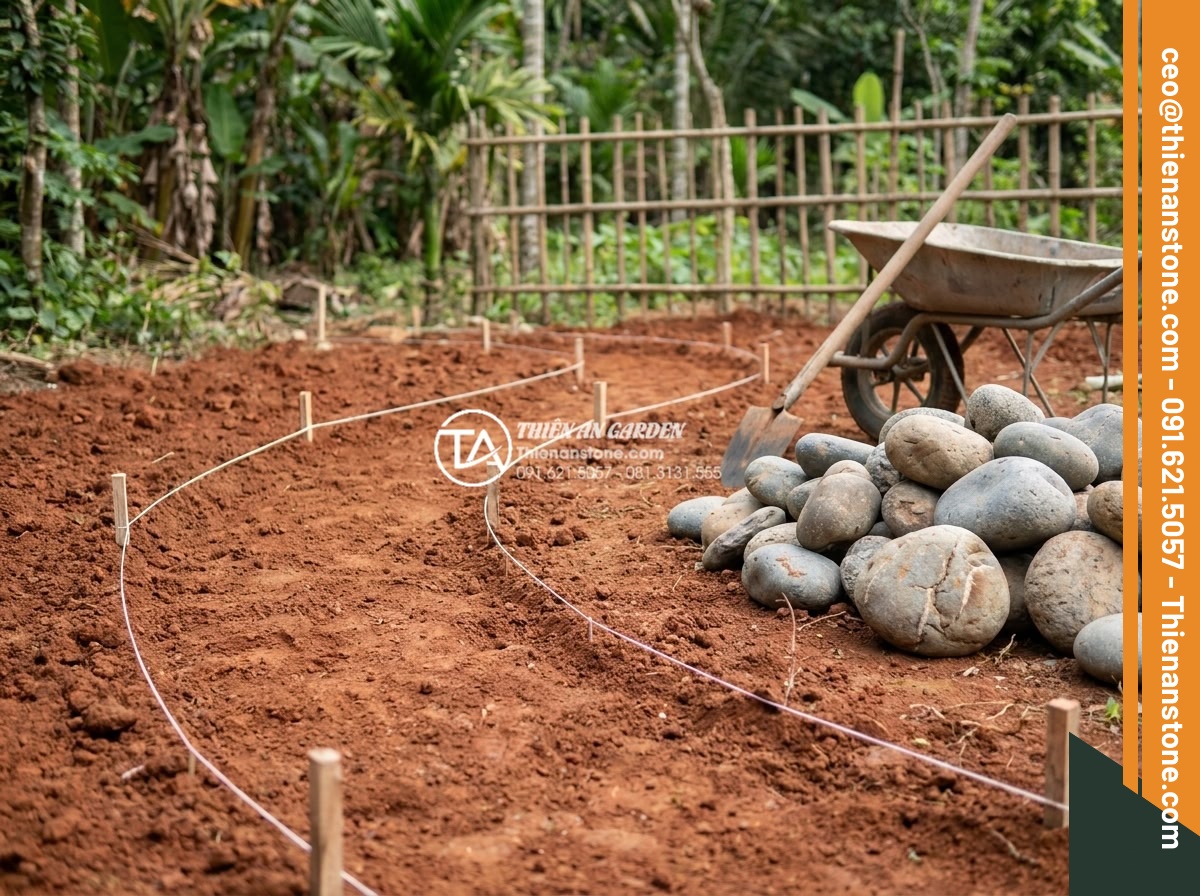 Suối đá cuội nhân tạo: Kỹ thuật thi công dòng suối khô trong sân vườn - Prepared garden site with marked layout for artificial pebble stream constructio