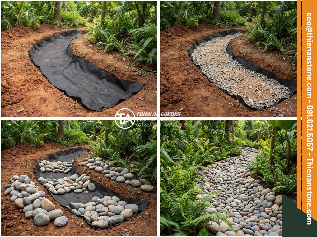 Suối đá cuội nhân tạo: Kỹ thuật thi công dòng suối khô trong sân vườn - Step-by-step construction photos of building an artificial dry pebble stream, sh