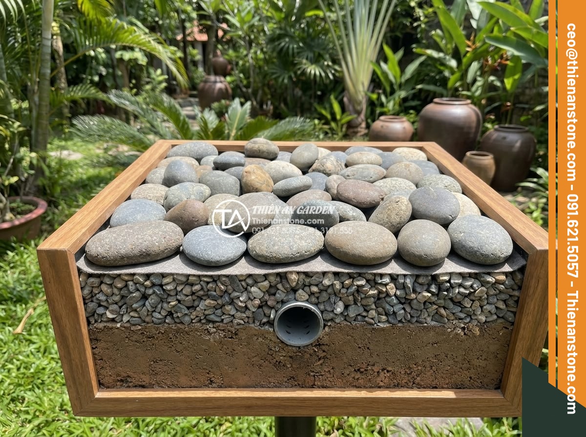 Suối đá cuội nhân tạo: Kỹ thuật thi công dòng suối khô trong sân vườn - Cross-section diagram of drainage system underneath an artificial pebble dry str