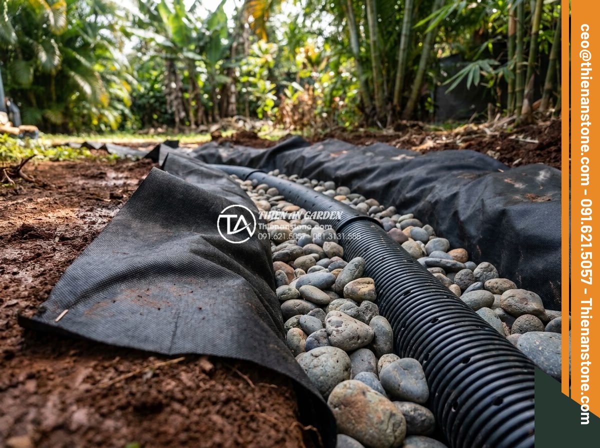 Suối đá cuội nhân tạo: Kỹ thuật thi công dòng suối khô trong sân vườn - Detailed view of geotextile and drainage pipes installed for long-term stability