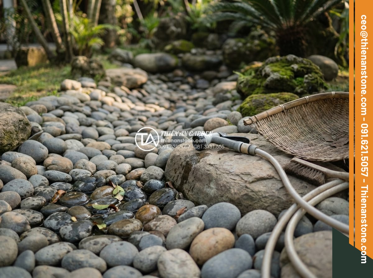 Suối đá cuội nhân tạo: Kỹ thuật thi công dòng suối khô trong sân vườn - Maintenance process showing cleaning of pebble stones in an artificial dry strea