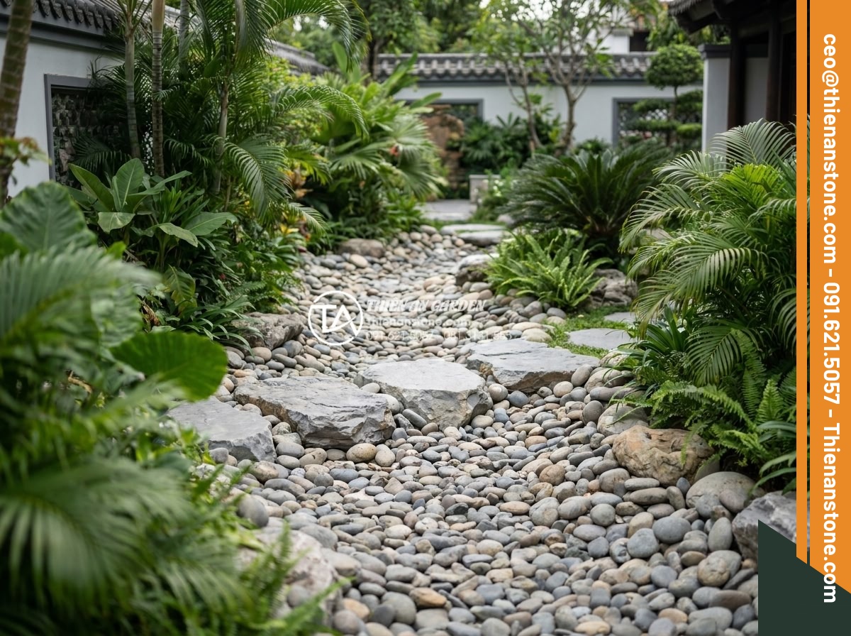 Suối đá cuội nhân tạo: Kỹ thuật thi công dòng suối khô trong sân vườn - Wide angle shot of an entire artificial pebble stream landscape design in a mode
