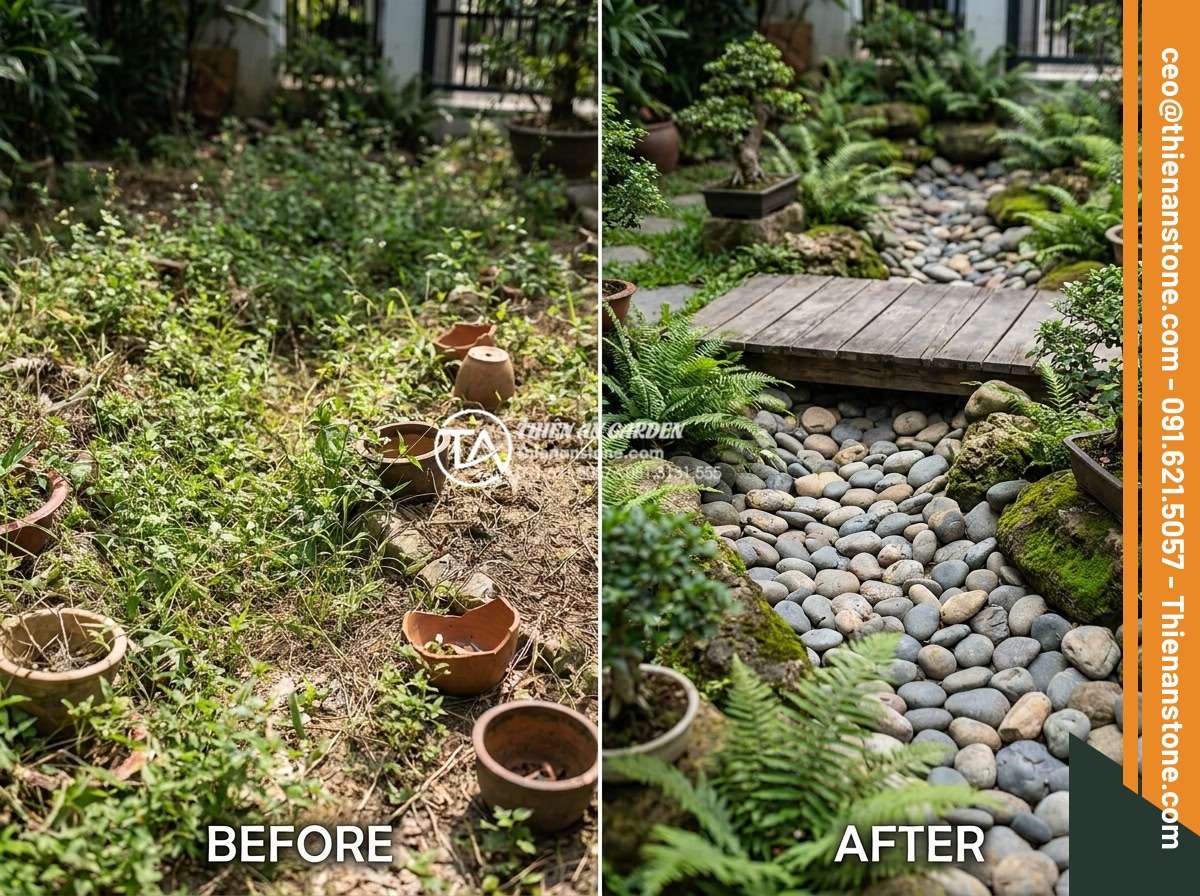 Suối đá cuội nhân tạo: Kỹ thuật thi công dòng suối khô trong sân vườn - Before and after comparison of a garden transformed with an artificial dry pebbl