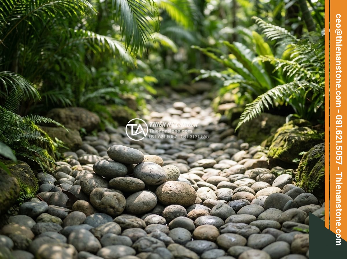 Suối đá cuội nhân tạo: Kỹ thuật thi công dòng suối khô trong sân vườn - Serene dry stream using high-quality river pebbles in a tropical garden setting,