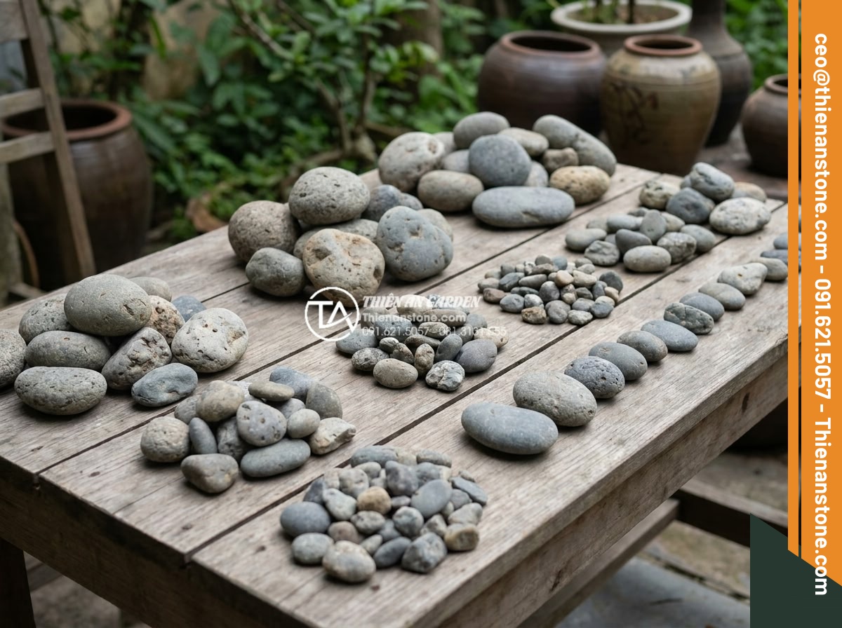 Suối đá cuội nhân tạo: Kỹ thuật thi công dòng suối khô trong sân vườn - Assortment of various beautiful pebble stones and river rocks sorted by size and