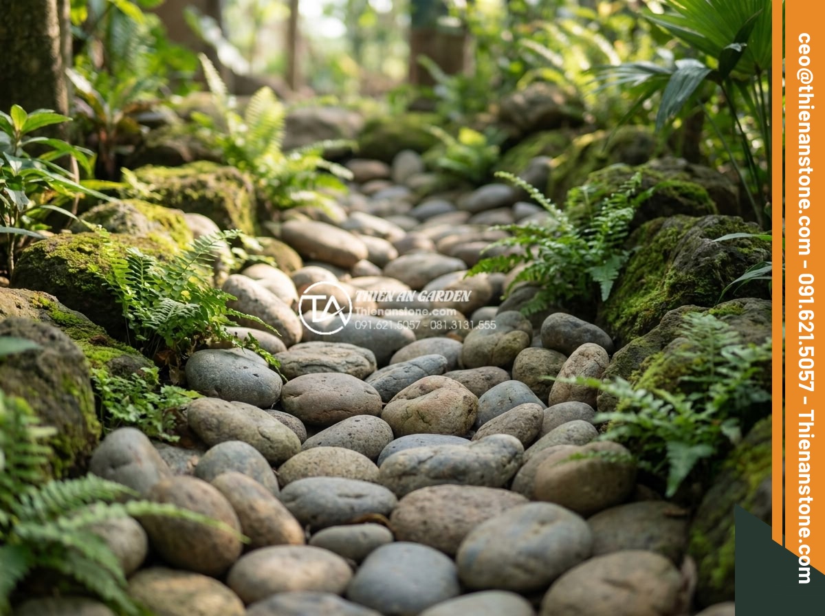 Suối đá cuội nhân tạo: Kỹ thuật thi công dòng suối khô trong sân vườn - Detailed view of premium quality cuội đá pebbles in natural colors used for dry 
