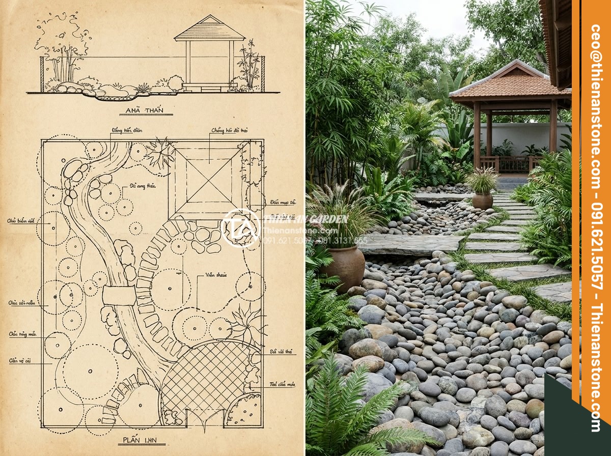 Suối đá cuội nhân tạo: Kỹ thuật thi công dòng suối khô trong sân vườn - Architectural blueprint and 3D rendering of a garden design featuring a custom a