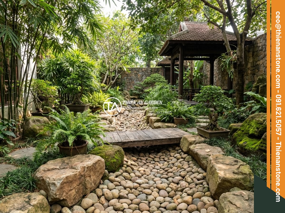 Suối đá cuội nhân tạo: Kỹ thuật thi công dòng suối khô trong sân vườn - Inspirational landscape design of a backyard with winding pebble stream, rocks, 