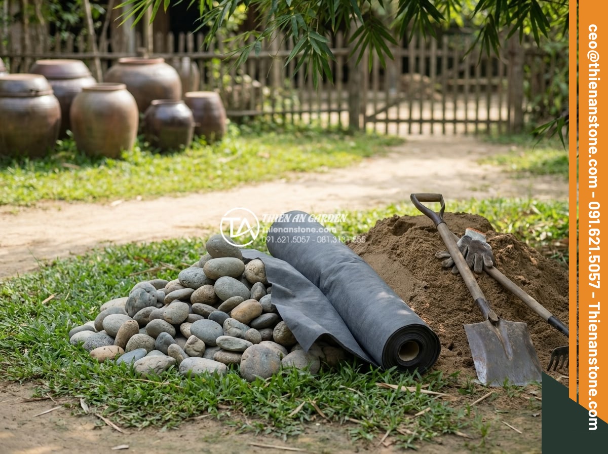 Suối đá cuội nhân tạo: Kỹ thuật thi công dòng suối khô trong sân vườn - Collection of construction materials including river pebbles, geotextile fabric,