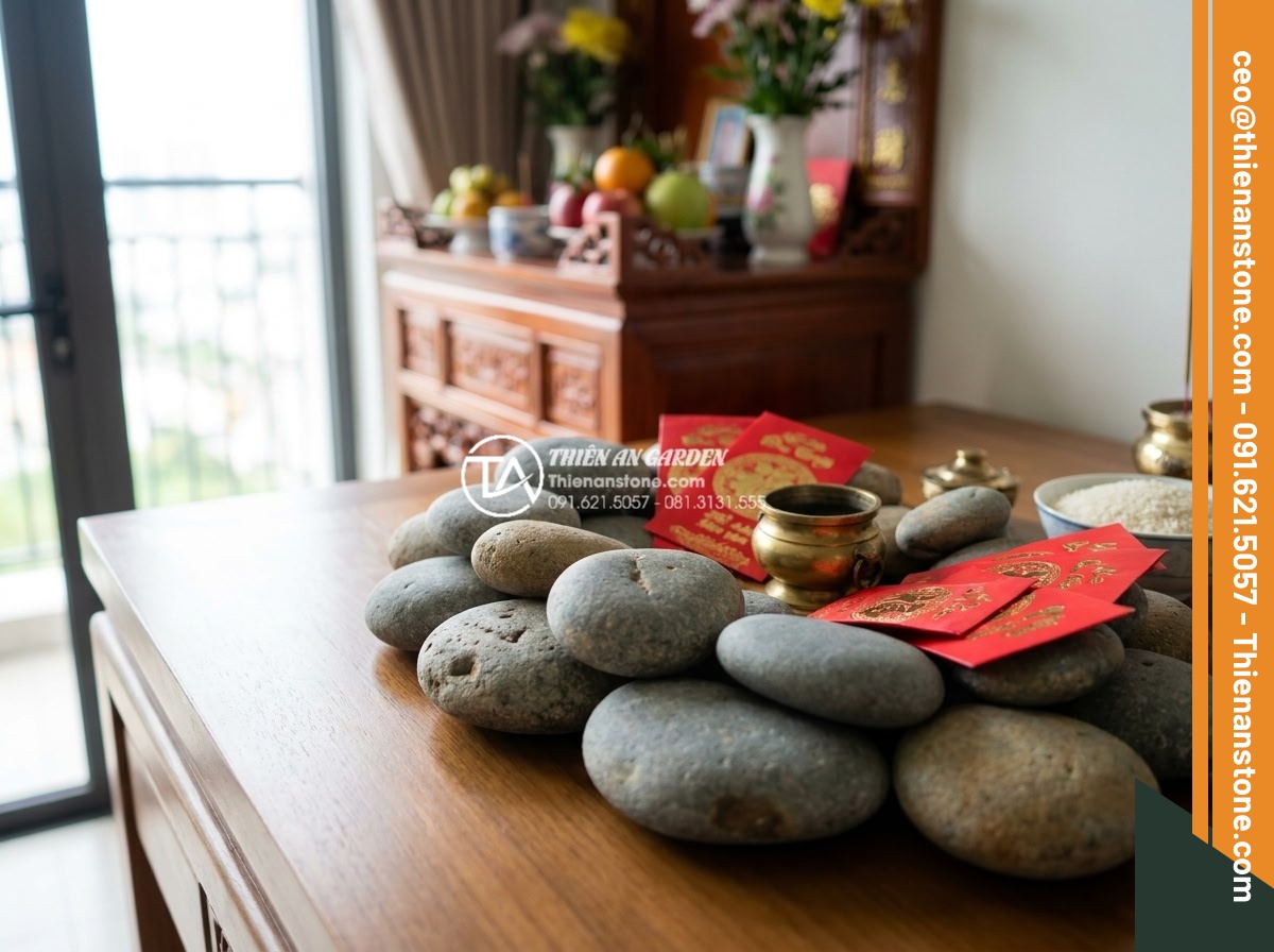 Tác dụng của đá cuội trong đời sống và ý nghĩa phong thủy bạn chưa biết - Pebble stones placed according to feng shui principles near a home altar with re