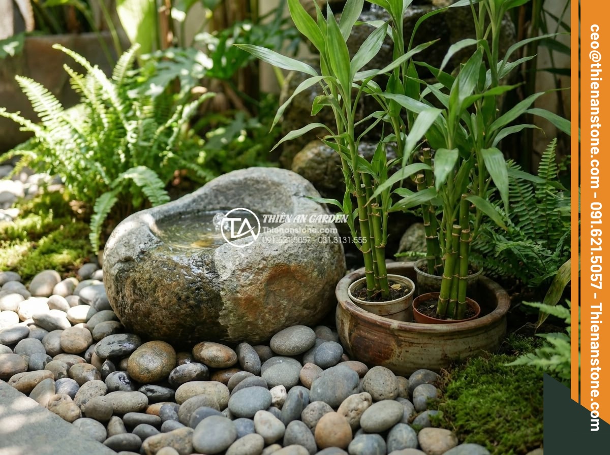 Tác dụng của đá cuội trong đời sống và ý nghĩa phong thủy bạn chưa biết - Luxurious feng shui garden corner with pebble stones, water fountain and lucky b