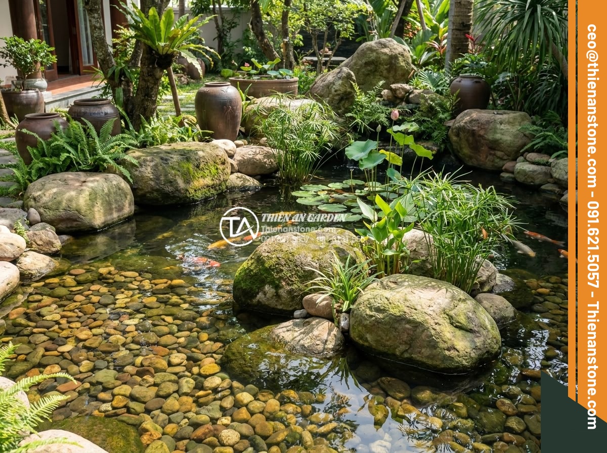 Tác dụng của đá cuội trong đời sống và ý nghĩa phong thủy bạn chưa biết - Koi pond landscape featuring pebble stone bottom, rocks and aquatic plants in a 