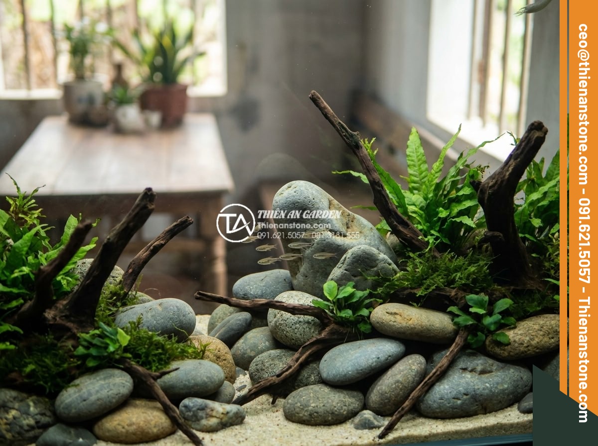 Tác dụng của đá cuội trong đời sống và ý nghĩa phong thủy bạn chưa biết - Aquarium with carefully arranged pebble stones, driftwood and live plants creati