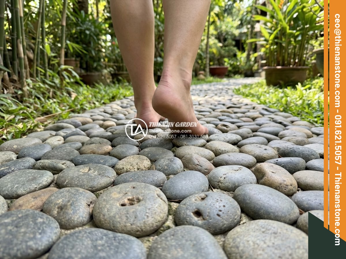 Tác dụng của đá cuội trong đời sống và ý nghĩa phong thủy bạn chưa biết - Person walking barefoot on pebble stone path in a wellness garden for natural fo
