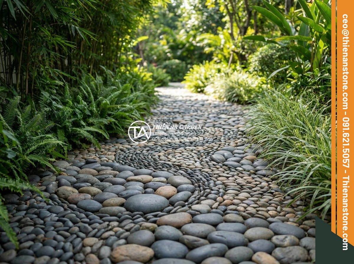 Tác dụng của đá cuội trong đời sống và ý nghĩa phong thủy bạn chưa biết - Wide angle shot of assorted pebble stones arranged artistically in a modern gard