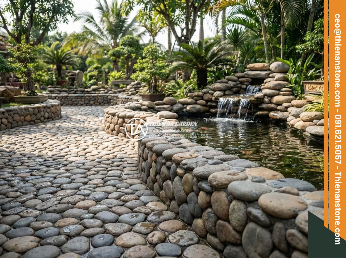 Tác dụng của đá cuội trong đời sống và ý nghĩa phong thủy bạn chưa biết - Completed luxury landscape project by Thien An Stone featuring extensive pebble 