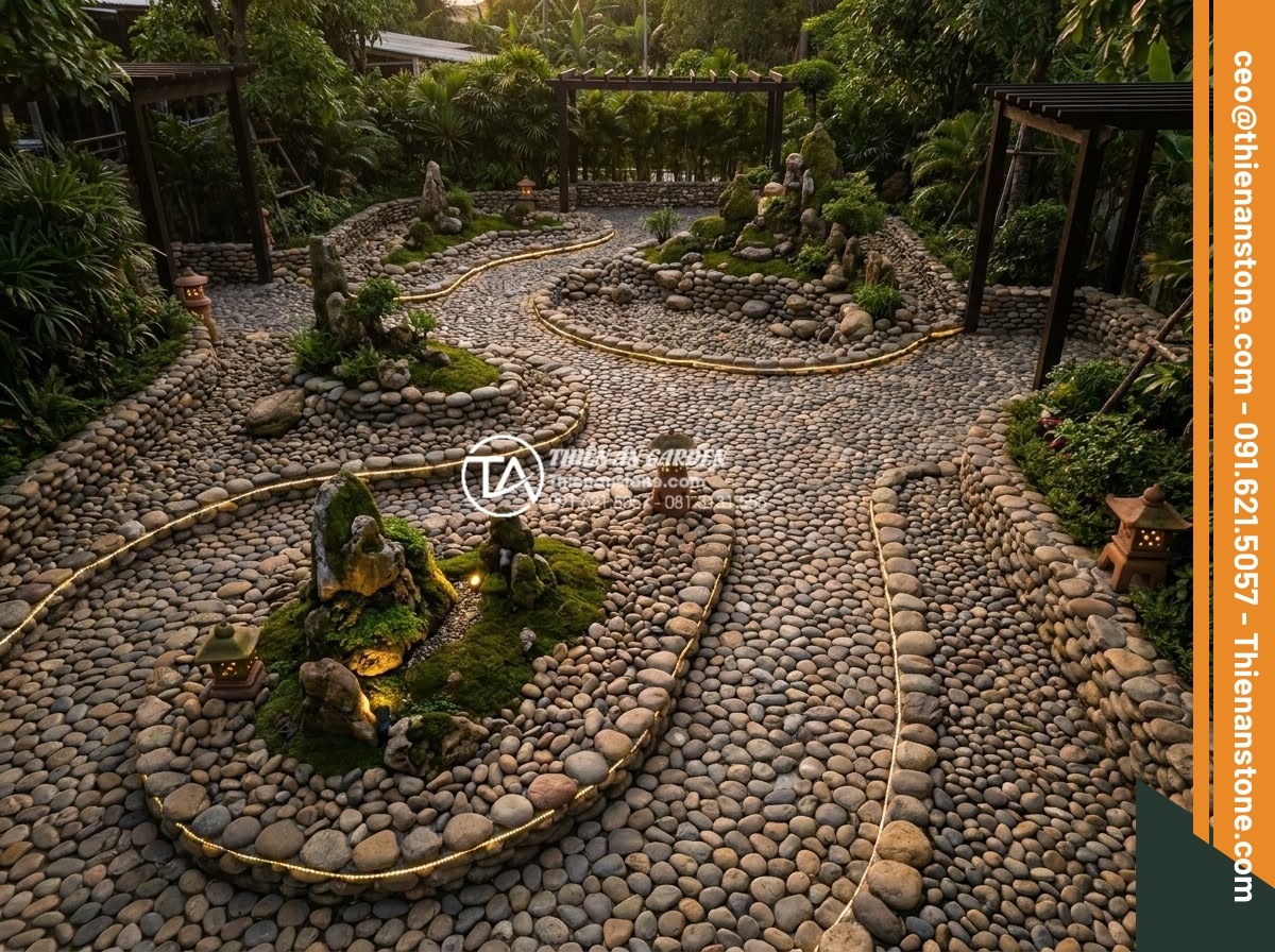 Tác dụng của đá cuội trong đời sống và ý nghĩa phong thủy bạn chưa biết - Aerial view of a complete pebble stone garden design including rockery, pathways