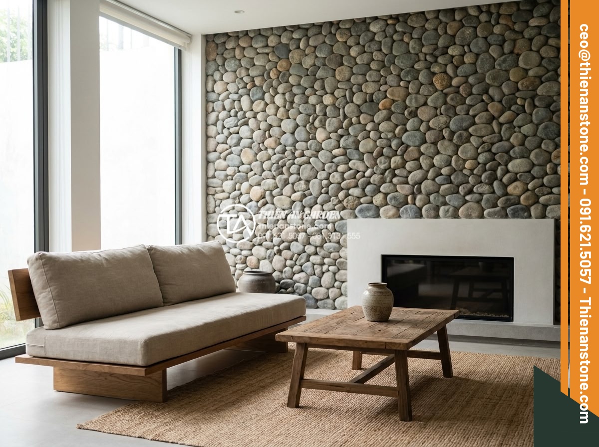 Tác dụng của đá cuội trong đời sống và ý nghĩa phong thủy bạn chưa biết - Modern interior living room with pebble stone accent wall behind fireplace, comb