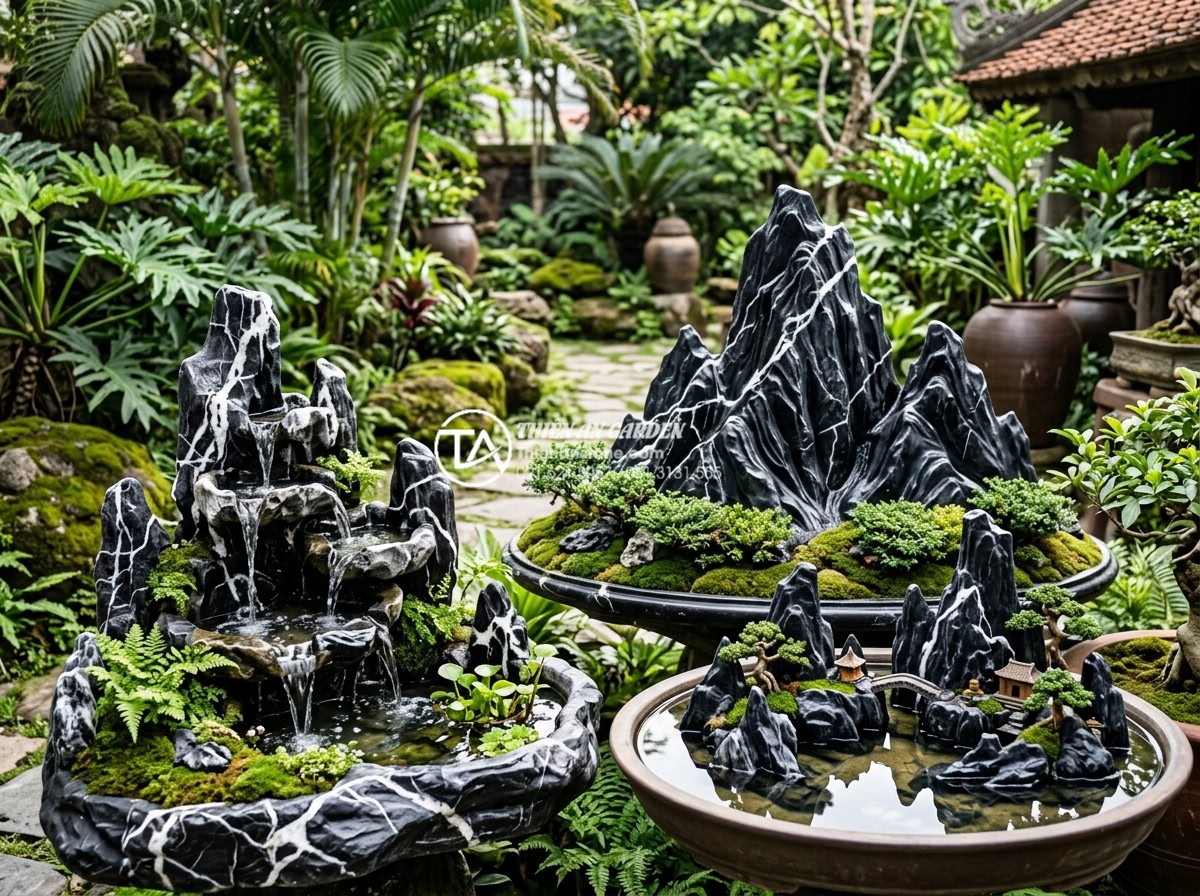 Thi công non bộ đá lũa đen: Quy trình và ý nghĩa phong thủy 2026 - Various popular designs of black lava stone non-bo including multi-tier waterfal
