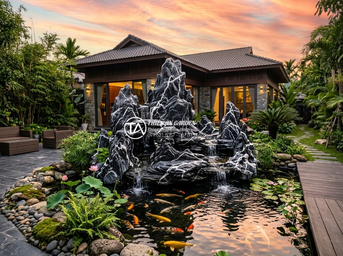Thi công non bộ đá lũa đen: Quy trình và ý nghĩa phong thủy 2026 - Wide angle shot of a complete non-bo black lava stone artwork featuring multiple