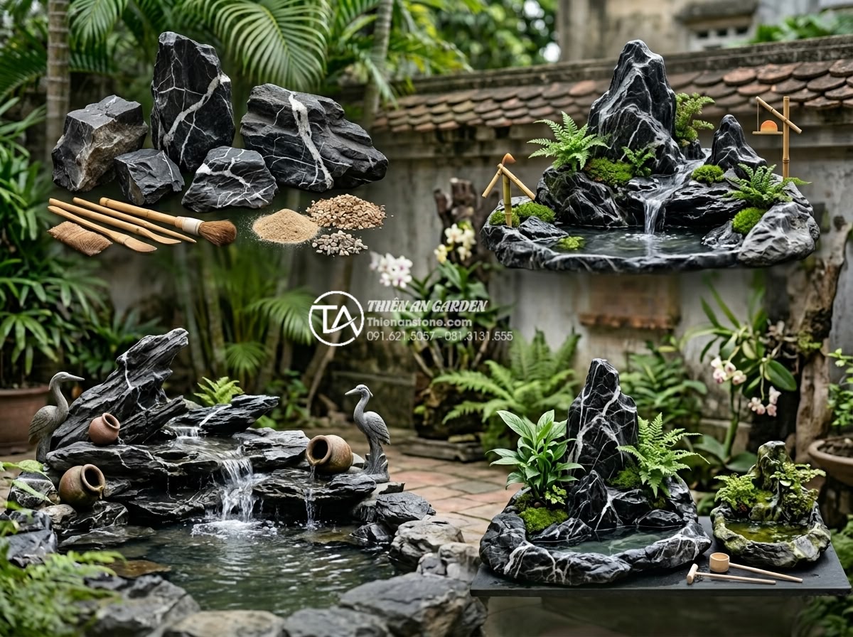 Thi công non bộ đá lũa đen: Quy trình và ý nghĩa phong thủy 2026 - FAQ section visual with common questions answered around black lava stone non-bo