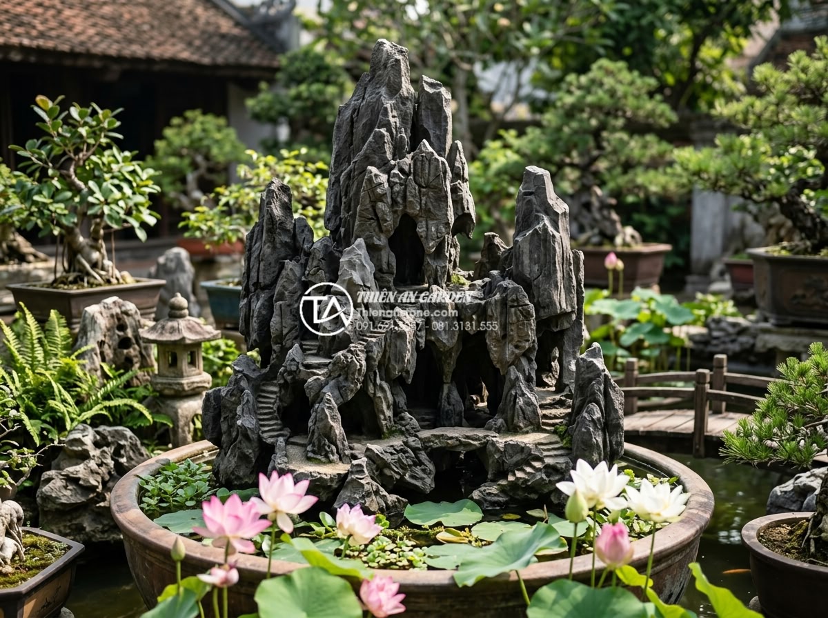 Top 10 mẫu hòn non bộ đá tai mèo đẹp nhất cho sân vườn 2026 - Hình 15 Top 10 mẫu hòn non bộ đá tai mèo đẹp nhất cho sân vườn 2026 - Traditional Vietnamese style hon non bo da tai meo featuring natural caves and g