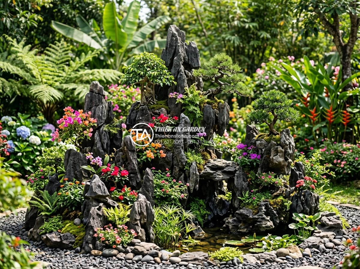 Top 10 mẫu hòn non bộ đá tai mèo đẹp nhất cho sân vườn 2026 - Hình 17 Top 10 mẫu hòn non bộ đá tai mèo đẹp nhất cho sân vườn 2026 - Vibrant da tai meo non bo integrated with flowering plants and bonsai trees grow