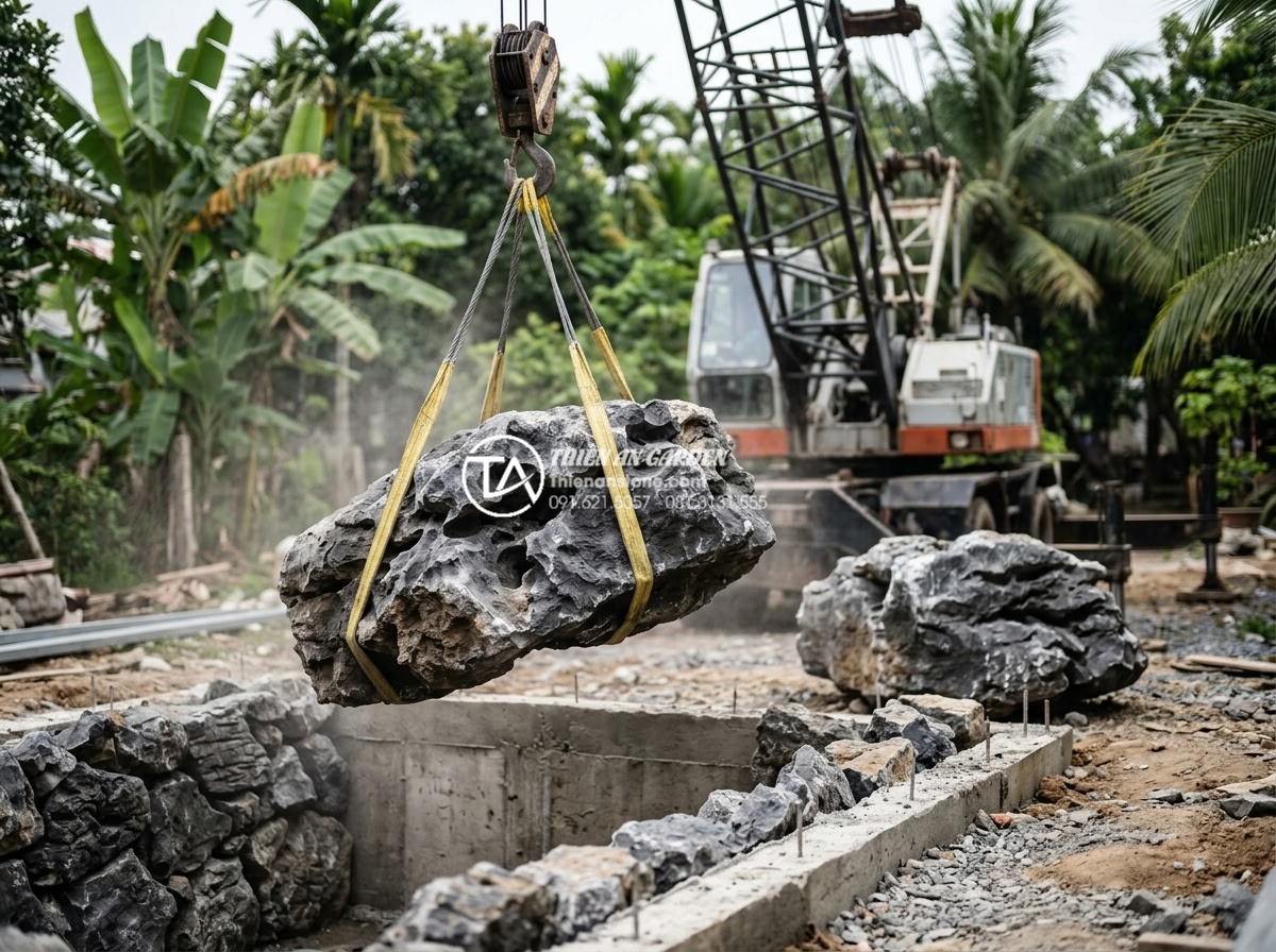 Top 10 mẫu hòn non bộ đá tai mèo đẹp nhất cho sân vườn 2026 - Hình 29 Top 10 mẫu hòn non bộ đá tai mèo đẹp nhất cho sân vườn 2026 - Step-by-step professional construction process of da tai meo non bo: crane lifti