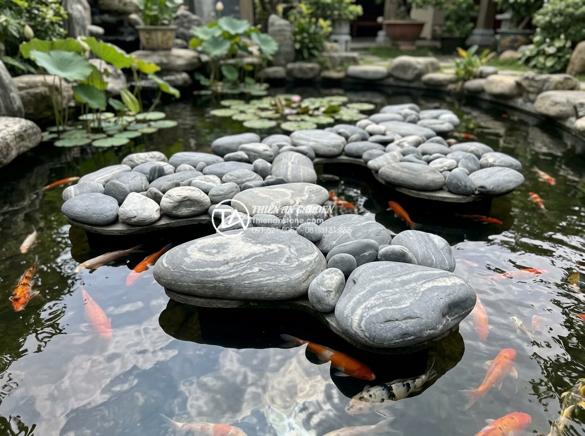 Top 15 Layout đá cuội vân mây đẹp nhất cho hồ cá Koi và hòn non bộ - Hình 12 Top 15 Layout đá cuội vân mây đẹp nhất cho hồ cá Koi và hòn non bộ - Floating pebble island layout in Koi fish pond with natural cloud patterns and s