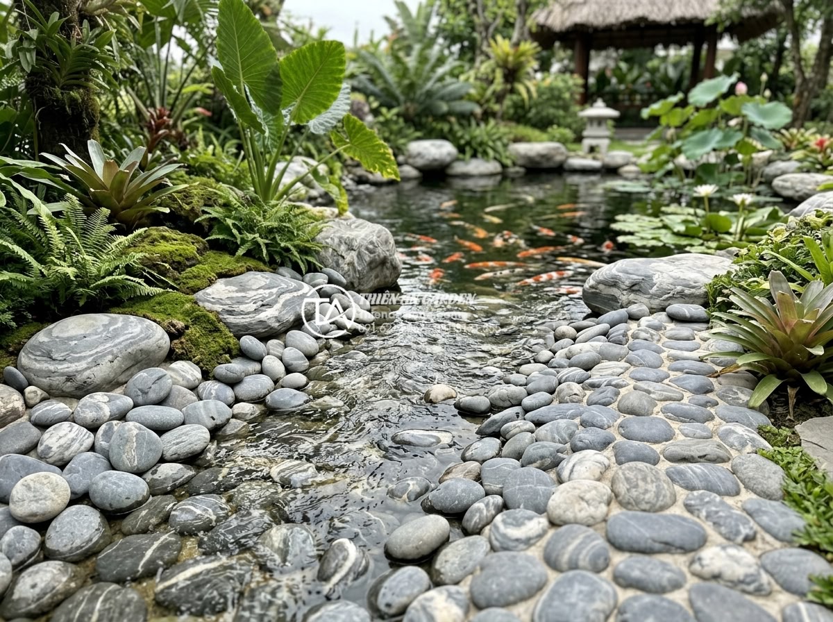 Top 15 Layout đá cuội vân mây đẹp nhất cho hồ cá Koi và hòn non bộ - Hình 15 Top 15 Layout đá cuội vân mây đẹp nhất cho hồ cá Koi và hòn non bộ - Natural stream simulation using cloud patterned pebbles leading into Koi pond ar