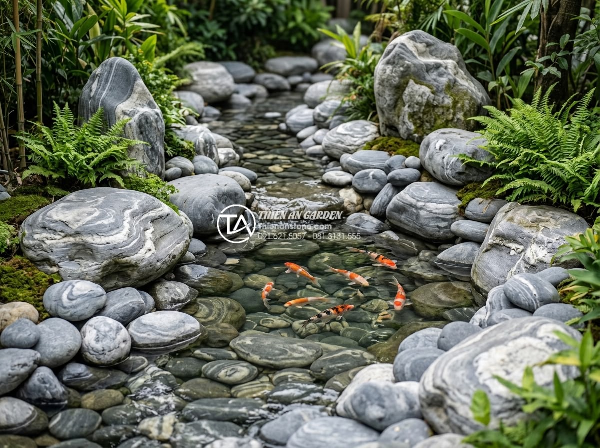 Top 15 Layout đá cuội vân mây đẹp nhất cho hồ cá Koi và hòn non bộ - Hình 16 Top 15 Layout đá cuội vân mây đẹp nhất cho hồ cá Koi và hòn non bộ - Flowing pebble stream design integrated with Koi habitat and garden rocks