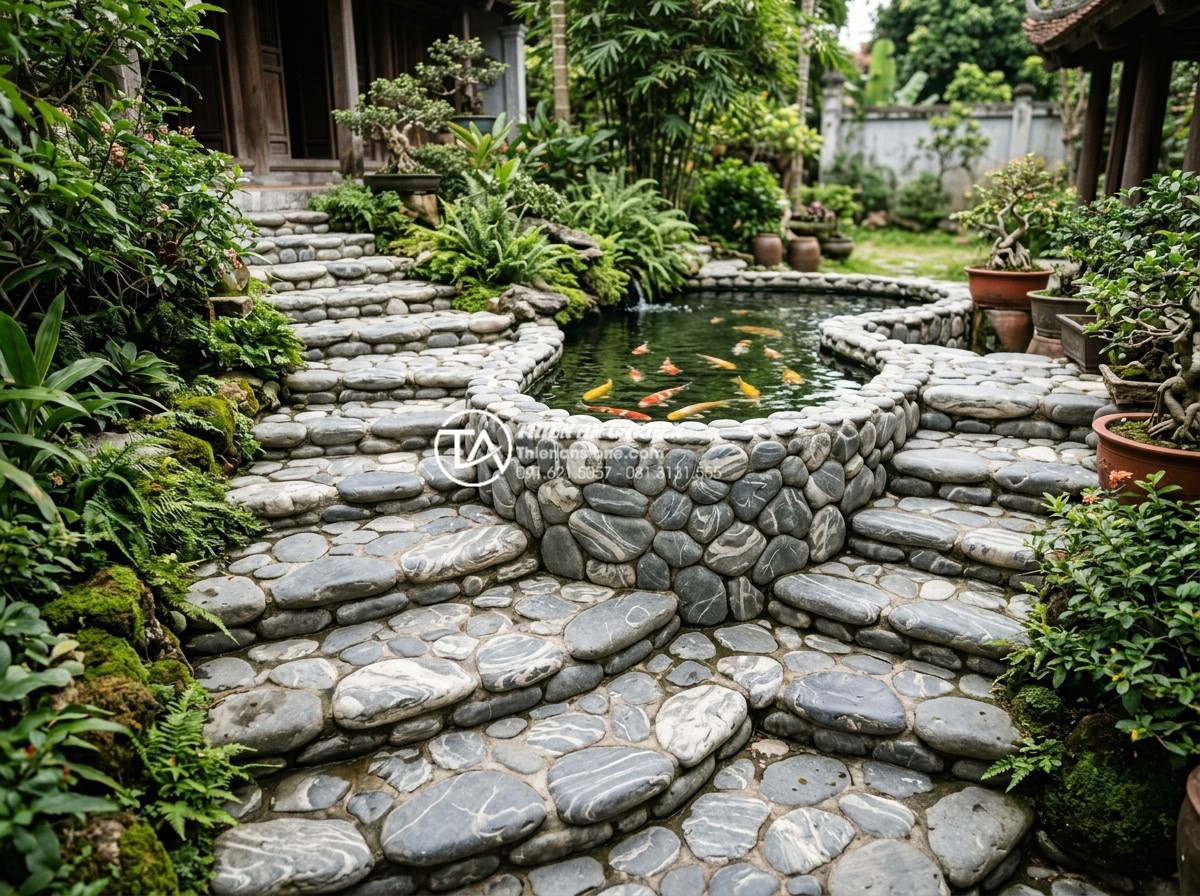 Top 15 Layout đá cuội vân mây đẹp nhất cho hồ cá Koi và hòn non bộ - Hình 17 Top 15 Layout đá cuội vân mây đẹp nhất cho hồ cá Koi và hòn non bộ - Multi-tiered pebble stone steps surrounding elevated Koi pond with cloud vein ae