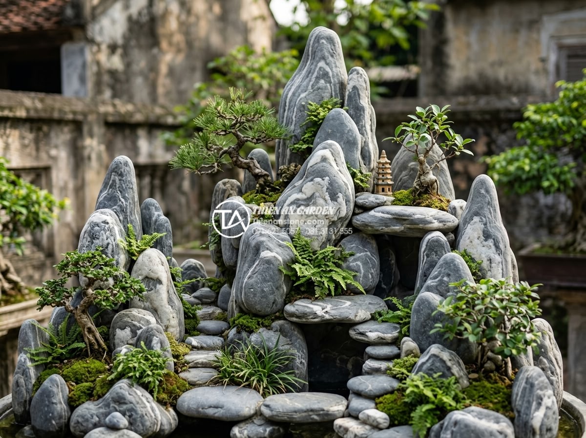 Top 15 Layout đá cuội vân mây đẹp nhất cho hồ cá Koi và hòn non bộ - Hình 20 Top 15 Layout đá cuội vân mây đẹp nhất cho hồ cá Koi và hòn non bộ - Dramatic rockery non-bo design with natural cloud patterns and small trees
