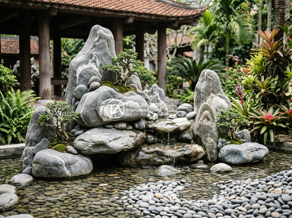 Top 15 Layout đá cuội vân mây đẹp nhất cho hồ cá Koi và hòn non bộ - Hình 22 Top 15 Layout đá cuội vân mây đẹp nhất cho hồ cá Koi và hòn non bộ - Integrated non-bo and water feature using artistic pebble arrangements