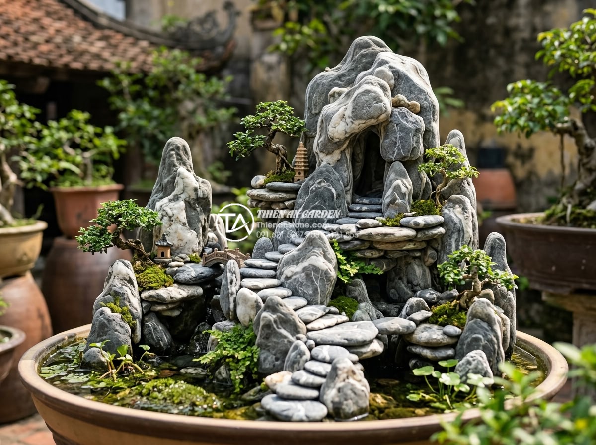 Top 15 Layout đá cuội vân mây đẹp nhất cho hồ cá Koi và hòn non bộ - Hình 25 Top 15 Layout đá cuội vân mây đẹp nhất cho hồ cá Koi và hòn non bộ - Multi-level hòn non bộ with cave feature made of cloud vein pebbles