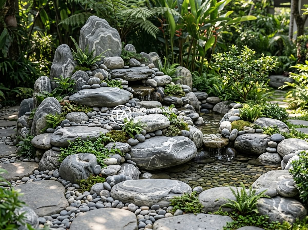 Top 15 Layout đá cuội vân mây đẹp nhất cho hồ cá Koi và hòn non bộ - Hình 26 Top 15 Layout đá cuội vân mây đẹp nhất cho hồ cá Koi và hòn non bộ - Complex layered rockery non-bo design with pebble details