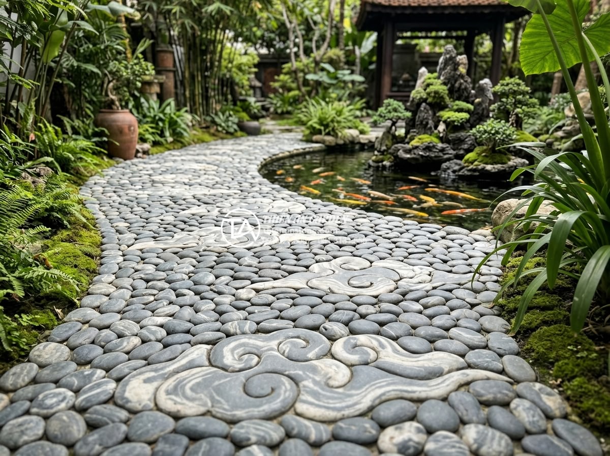 Top 15 Layout đá cuội vân mây đẹp nhất cho hồ cá Koi và hòn non bộ - Hình 31 Top 15 Layout đá cuội vân mây đẹp nhất cho hồ cá Koi và hòn non bộ - Garden pathway paved with cloud pattern pebbles leading to Koi pond and non-bo