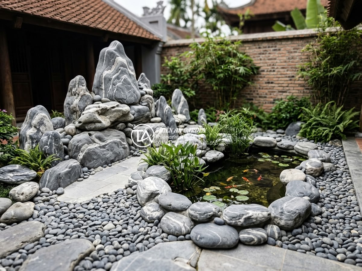 Top 15 Layout đá cuội vân mây đẹp nhất cho hồ cá Koi và hòn non bộ - Hình 33 Top 15 Layout đá cuội vân mây đẹp nhất cho hồ cá Koi và hòn non bộ - Dry garden layout featuring pebble stones, small Koi pond and rockery