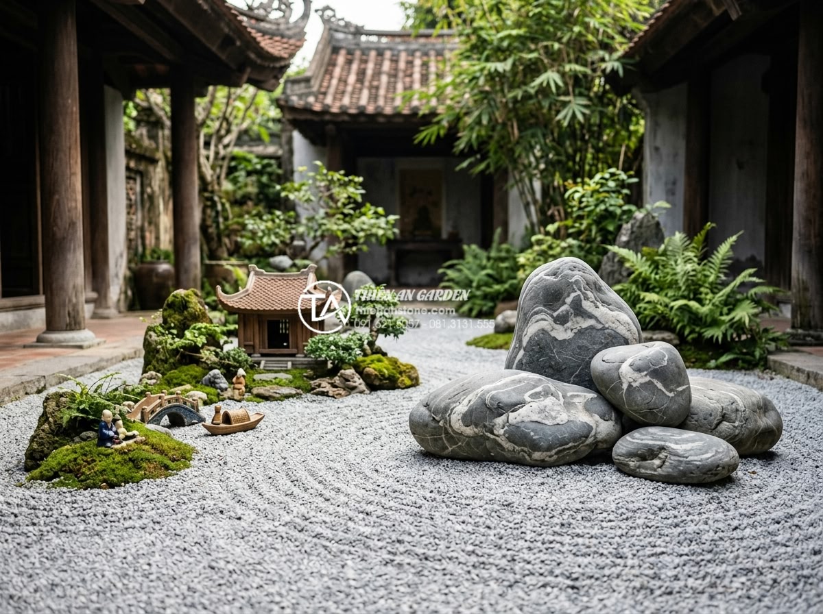 Top 15 Layout đá cuội vân mây đẹp nhất cho hồ cá Koi và hòn non bộ - Hình 34 Top 15 Layout đá cuội vân mây đẹp nhất cho hồ cá Koi và hòn non bộ - Zen dry landscape with cloud vein pebbles and miniature features