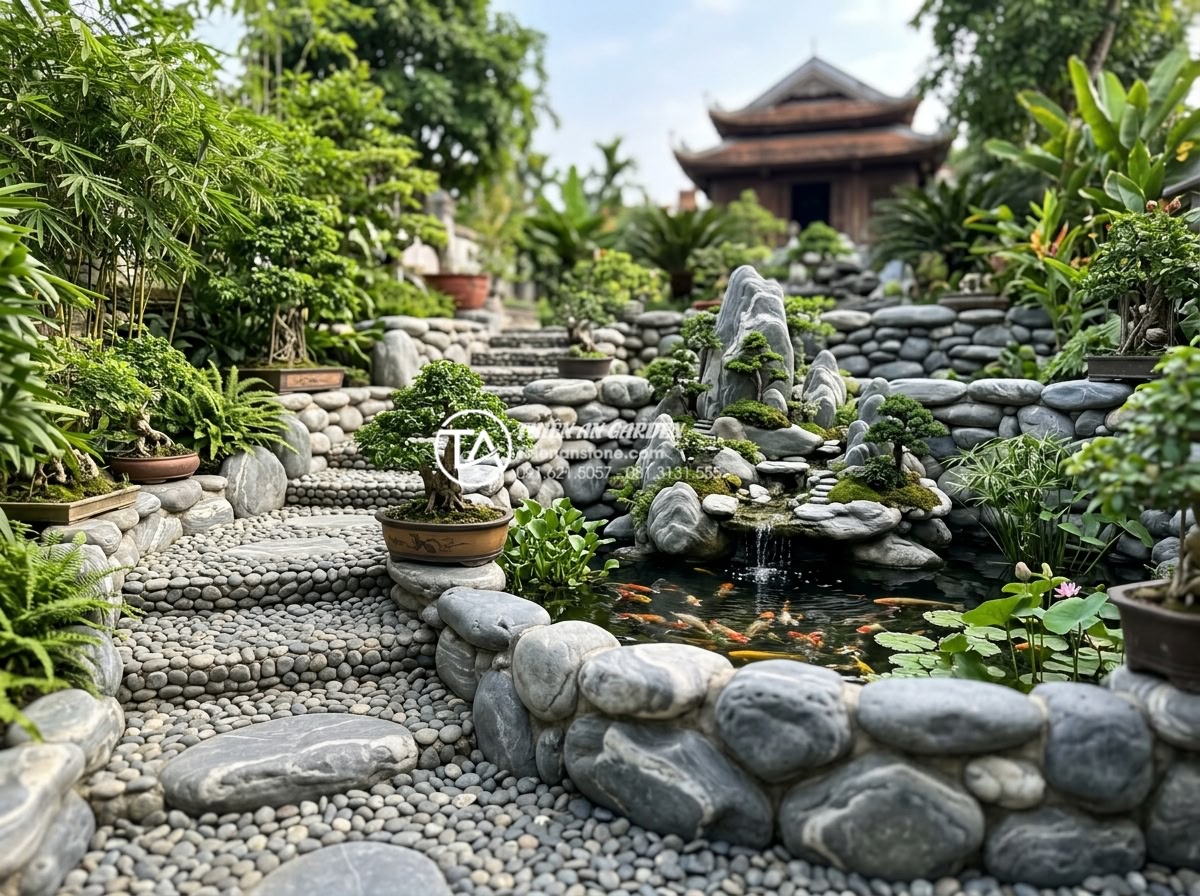 Top 15 Layout đá cuội vân mây đẹp nhất cho hồ cá Koi và hòn non bộ - Hình 37 Top 15 Layout đá cuội vân mây đẹp nhất cho hồ cá Koi và hòn non bộ - Multi-level garden space with pebble tiers, Koi pond and hòn non bộ