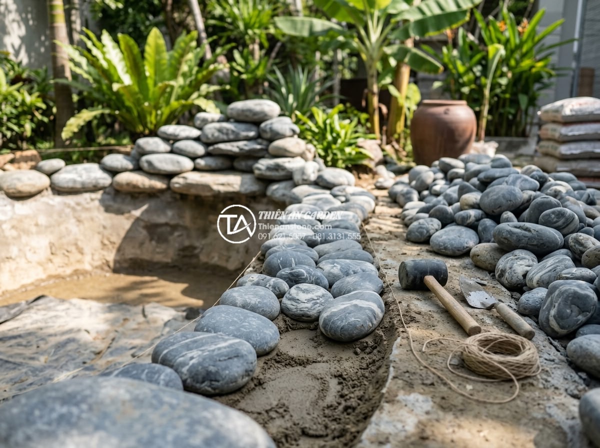Top 15 Layout đá cuội vân mây đẹp nhất cho hồ cá Koi và hòn non bộ - Hình 39 Top 15 Layout đá cuội vân mây đẹp nhất cho hồ cá Koi và hòn non bộ - Professional construction process of pebble stone layout for garden pond and roc