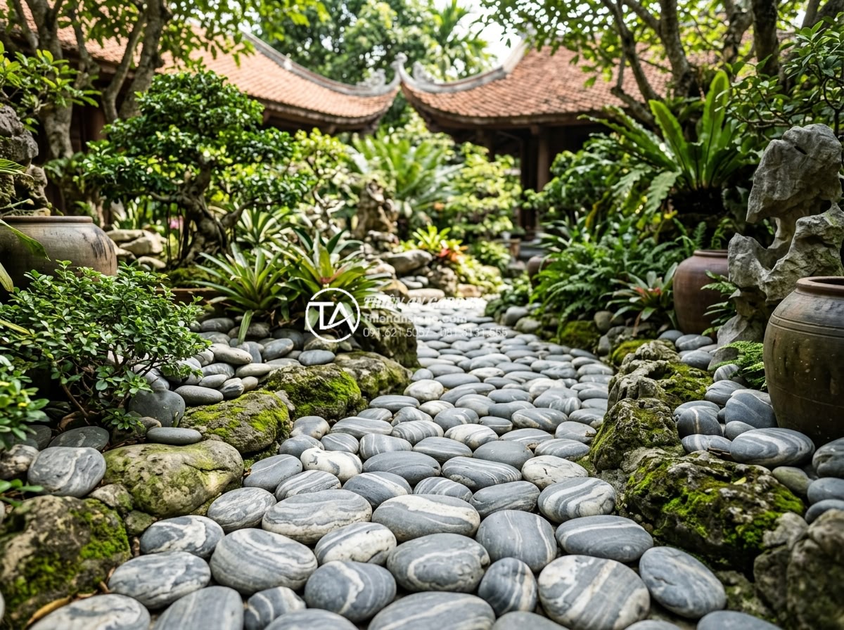 Top 15 Layout đá cuội vân mây đẹp nhất cho hồ cá Koi và hòn non bộ - Hình 40 Top 15 Layout đá cuội vân mây đẹp nhất cho hồ cá Koi và hòn non bộ - Long-term maintained cloud-veined pebble garden layout showing durability and be